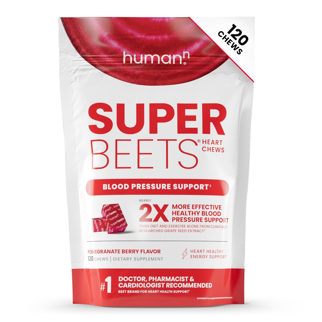 Humann SuperBeets Heart Chews, Beet Root Powder Support Energy Supplement, Nitric Oxide and Blood Pressure Support, Grape Seed Extract & Non-GMO, Heart Health, Pomegranate Berry Flavor, 120 Count