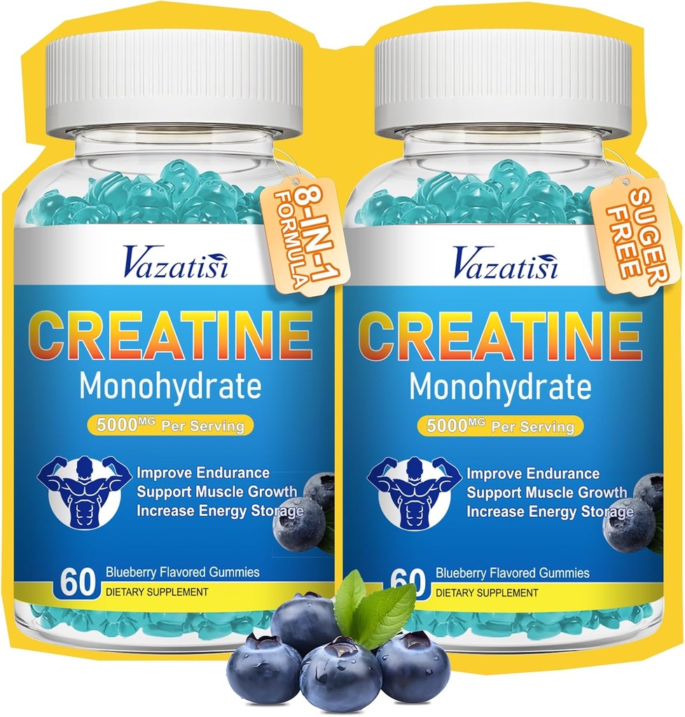 2 Pack Creatine Monohydrate Gummys for Women & Men, Sugar Free Vegan Creatine Suppos for Build Muscles, 增加能量和力量,蓝莓火焰, 120 Counter