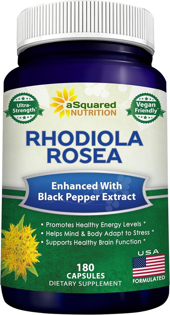 aSquared Nature Rhodiola Rosea Max 配黑椒增量 - 180 Capsules - Max 吸收粉末药丸 - 金根草用于应激缓解,Mood,纯焦与能量 - 500mg Per Cap