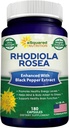 aSquared Nature Rhodiola Rosea Max 配黑椒增量 - 180 Capsules - Max 吸收粉末药丸 - 金根草用于应激缓解,Mood,纯焦与能量 - 500mg Per Cap