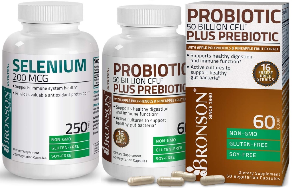 Bronson Probiotic 50亿 CPU + 苹果多酚和菠萝水果提取 + 硒 200 Mcg 用于免疫系统、甲状腺、前列腺和心脏健康