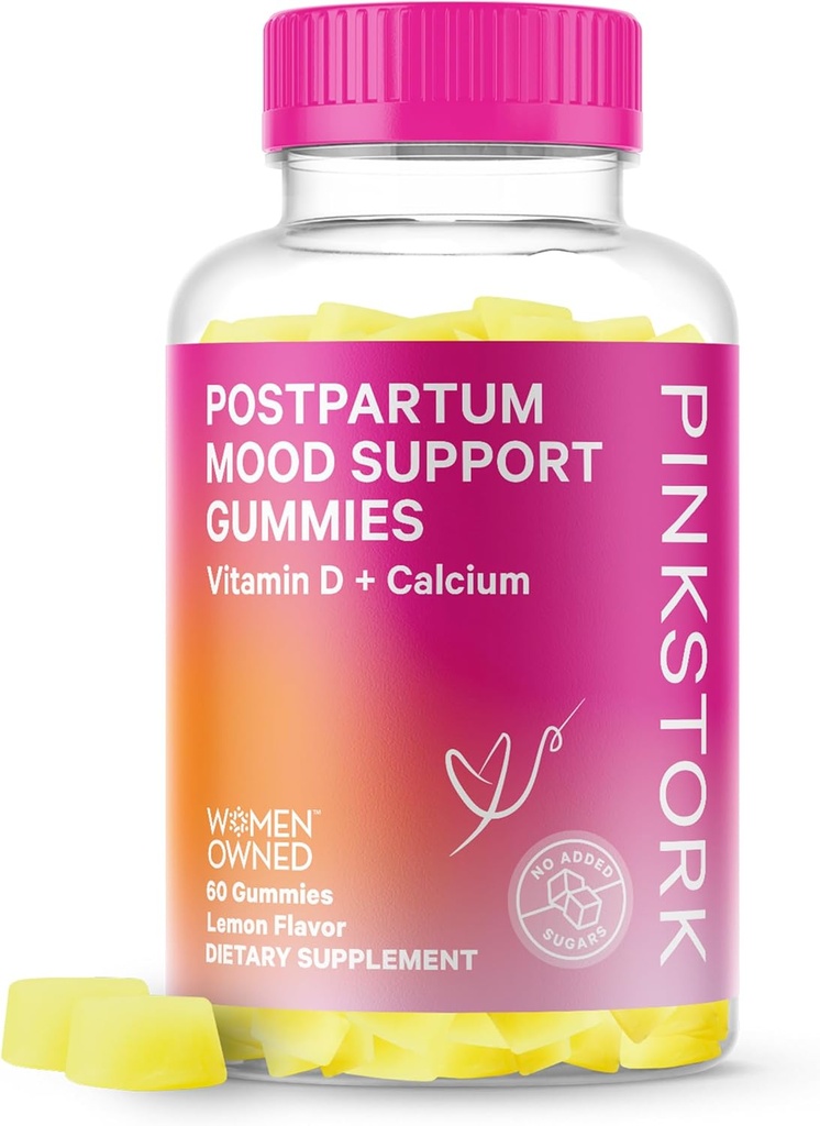 Pink Stork 产后服药支持维生素D Gummys - 产后服维生素D3和钙的妇女天然荷尔蒙平衡 - 产后母乳喂养基本知识 60柠檬滴水Gummys