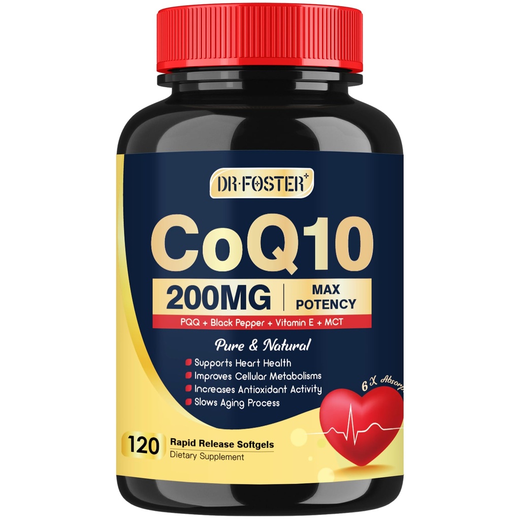DRFOSTER Coq10 200mg,用于抗氧化剂和能源生产的Coenzyme Q10,6X 高吸收Cq10 与维生素E & PQQ & Black Pepper 提取,Coq 10 补充 120 服务