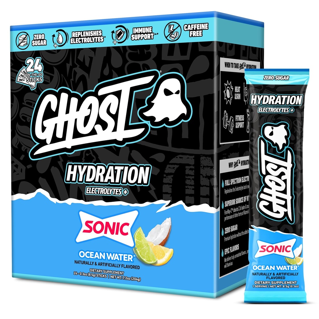GHOST 水分包、声波海洋水、24根棒、电解质粉 -- -- 配有镁、钾、钙、维生素C的饮料混合物补充剂 -- -- Vegan、无豆、糖和胶