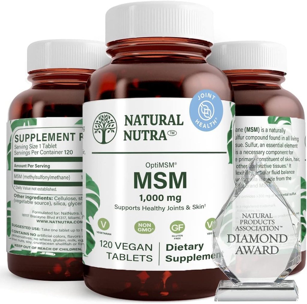 Natural Nutra OptiMSM, MSM 与硫磺的辅料, 防止细毛, 增加联合弹性和骨质健康, 心肌健康, 帮助支持流体平衡, 1 000 mg, (120) Vegan 片