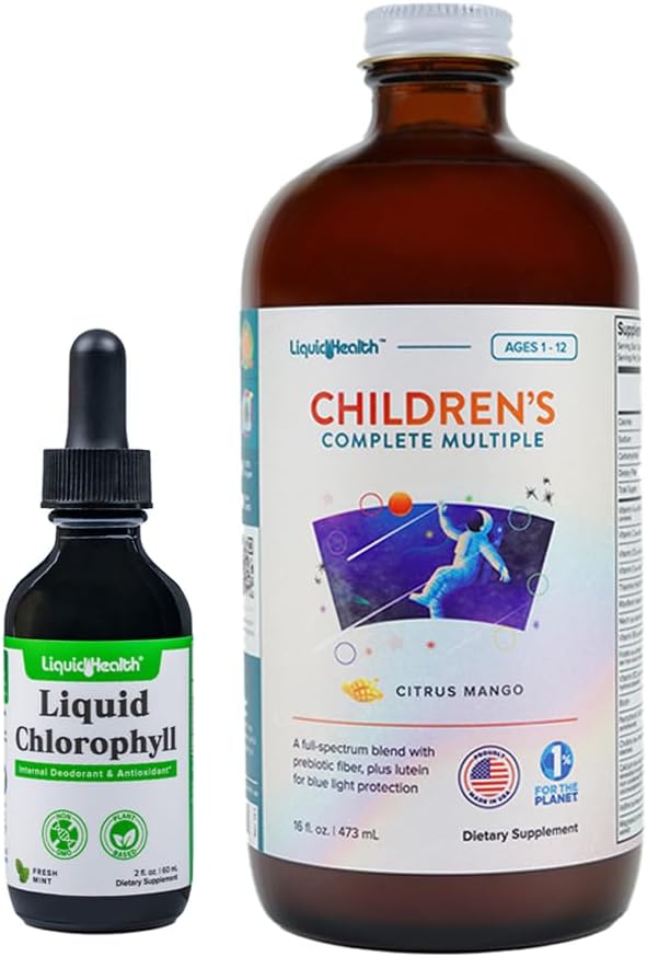 LIQUIDHEALTH 液态氯酚滴与儿童全日多维特敏盒 儿童-内除臭剂,停止坏气,降低体味,免疫支持-美国制造,非GMO
