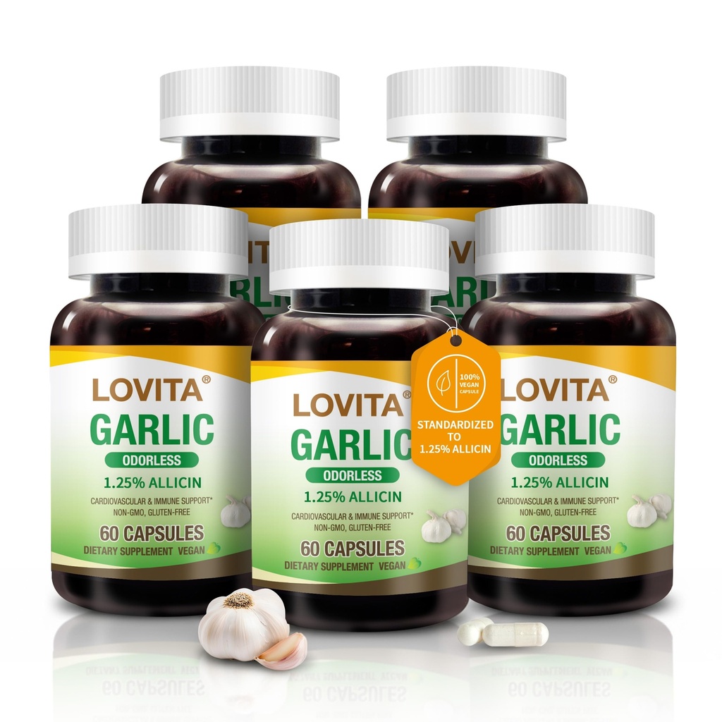 Lovita 无奥多力大蒜笼盖,5000mg 新鲜大蒜笼盖,1.25% Allicin 提取,支持心脏,血压,胆固醇和免疫系统,Non-GMO,Gluten-Free,300 Vegan Capsules