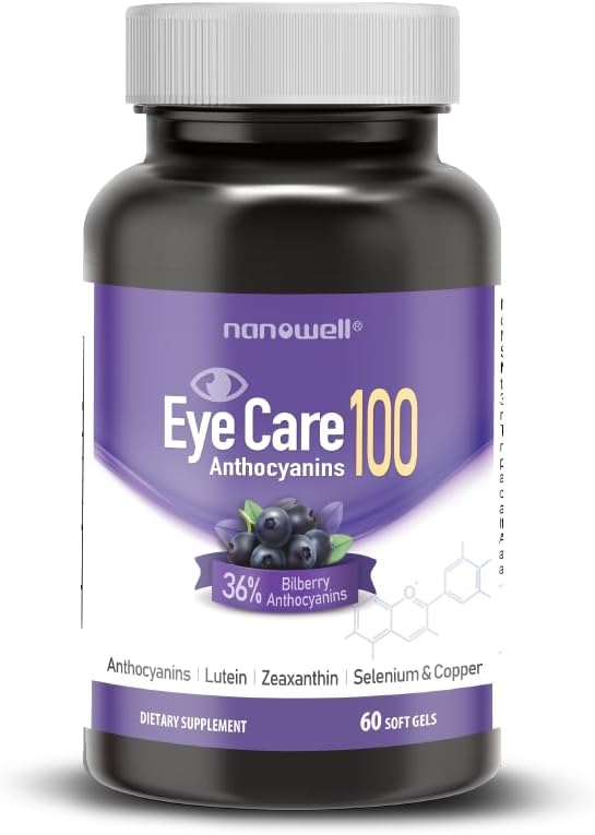 NANOWELL 眼科安托西安宁 100 - 眼科健康补充剂,配有Bilberry、Zeaxanthin、Lutein、Anthocyanins、维生素A、E、硒和铜-60软胶,60天供应