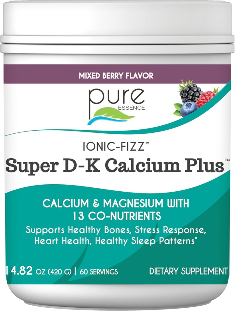 ionic Fizz Super D-K Calcium Plus by pure Essence - 配音: Extra Magnesium, 维生素D3, 维生素K2 强骨和应激支持 - 混合莓 - 14.82oz