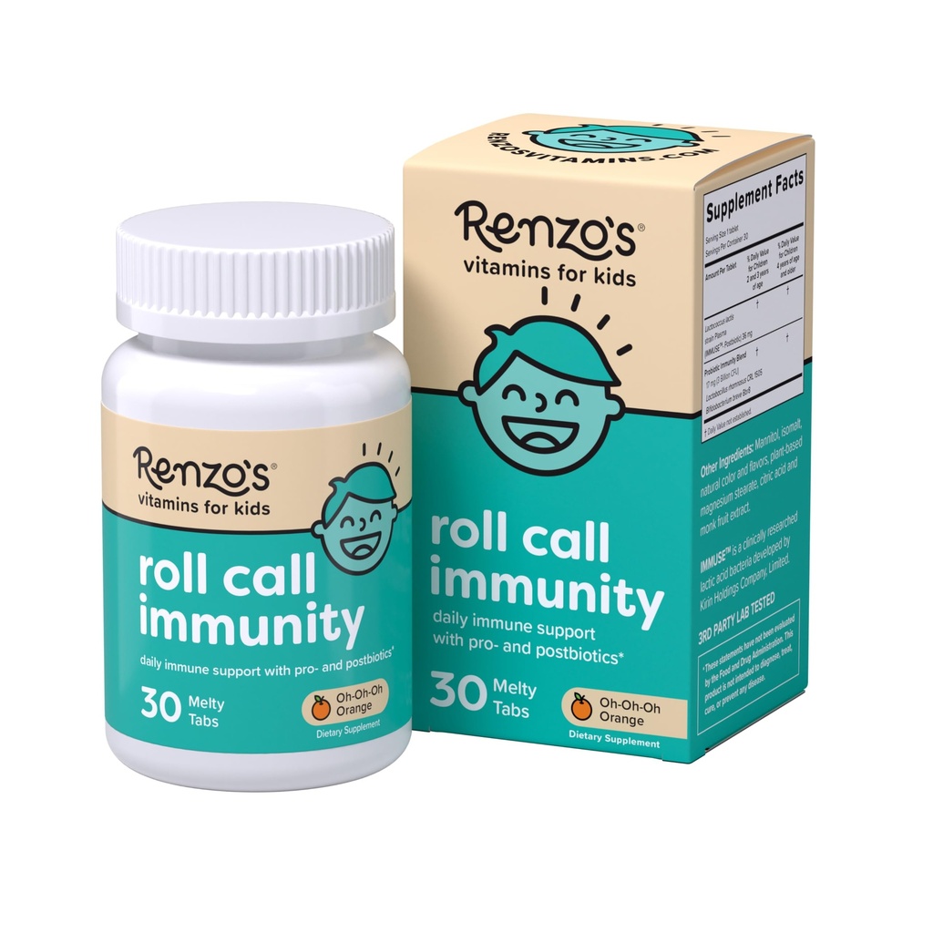 Renzo的"摇叫豁免"——与IMMUSE Postbiotic,无糖儿童维他命,30个橙味的Melty Tabs的溶解儿童免疫支持补充.