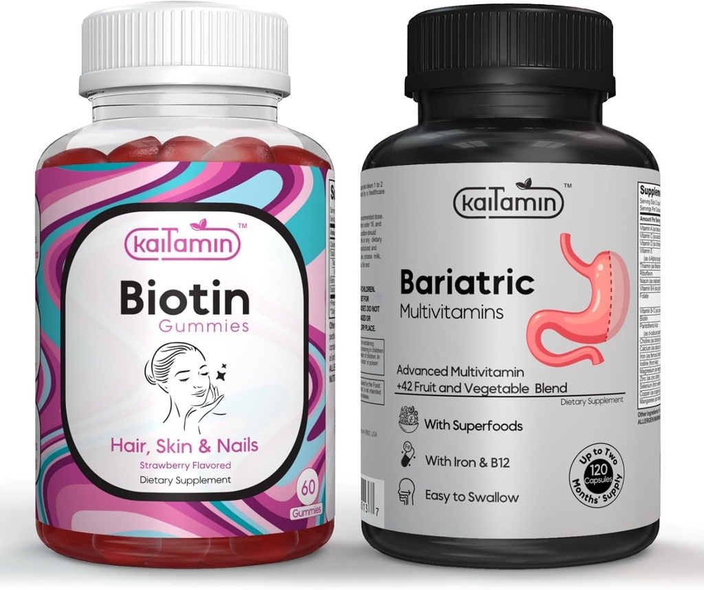 Bariatric 多维生素加铁,用于产后外科手术 + 生物素维生素 B7 Gummys 5000 mcg 每服- 配有老莓和椰子油(Bundle)