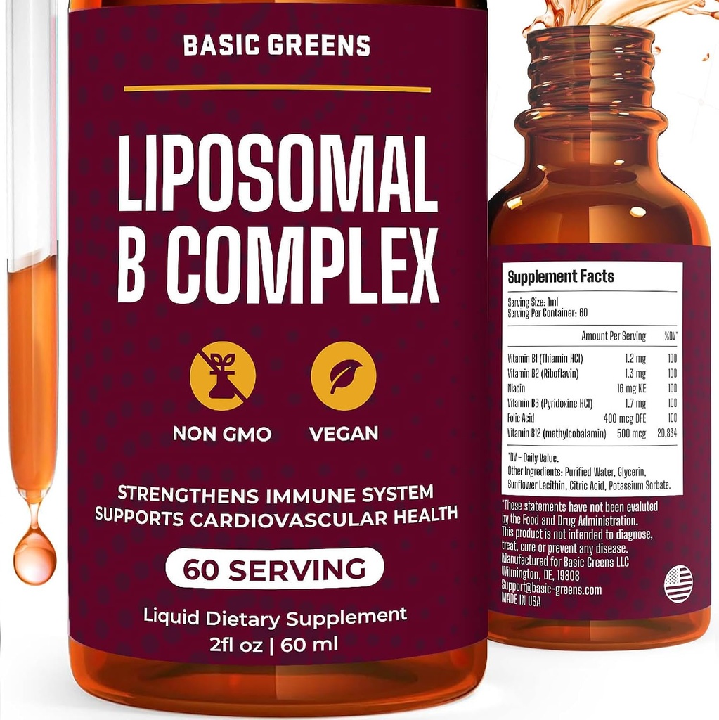 Liposomal B 维生素 复合液体——高吸收能源、脑和皮肤健康、头发和钉子、高级 Liposomal 交付、Vegan、N-GMO、2 Fl Oz