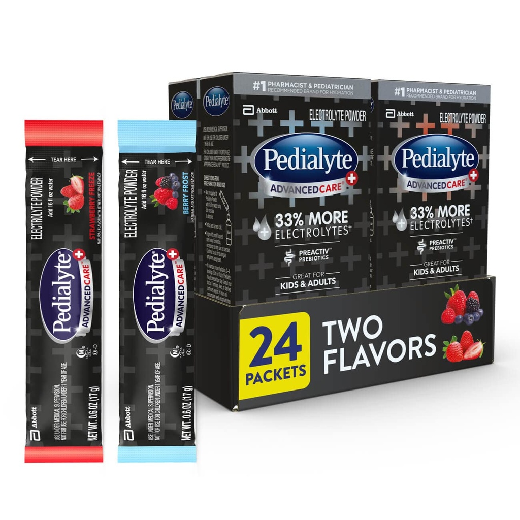 Pedialyte Advanced Care Plus Electrolyte Powder, 拥有33%的电解质和前活性预生, 品种包:莓霜和草莓冻, 24个粉末包