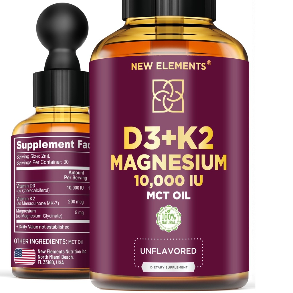 Liquid Vitamin D3 with K2 & Magnesium Glycinate | Vitamin D Drops 10.000 IU | Vitamin K2 200mcg Mk7 | Vitamin D3 + K2 Supplement for Men & Women | High Absorption | MCT Oil | Gluten Free | Non-GMO