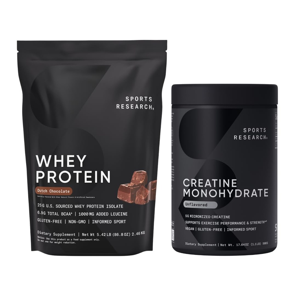 运动研究 • Creatine Monohydrate(1.1 LBS)和荷兰巧克力Whey蛋白(5.42 LBS),精益肌肉建筑动态杜奥,改进性能和力量与工作恢复