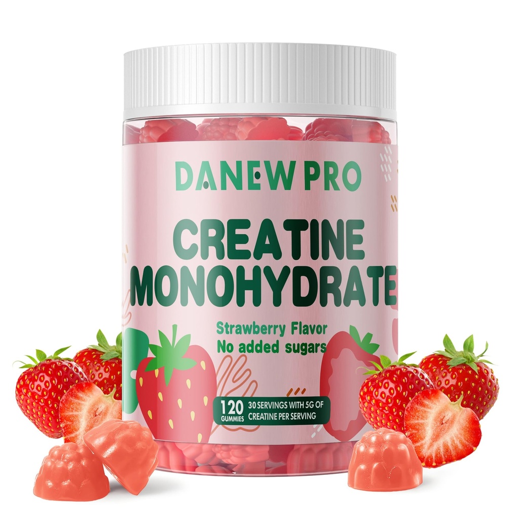 NSF认证的Creatine Gummy 5g - Creatine Monohydrate Gummys for Men & Women, Creatine Monohydrate for Muscle strongs, 肌肉构建器, 能量靴, 工作前补充(120个计数) - Strawberry