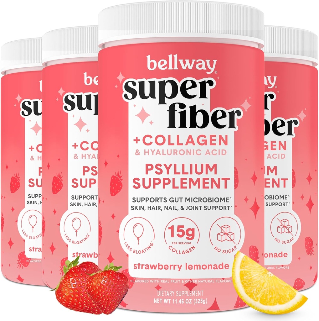 贝尔威超级纤维粉末+Collagen(4Pack),无糖yl壳粉末加Collagen Peptides用于古特健康,健康皮肤,钉子,骨头和联合,草莓柠檬汁(45.84 oz)