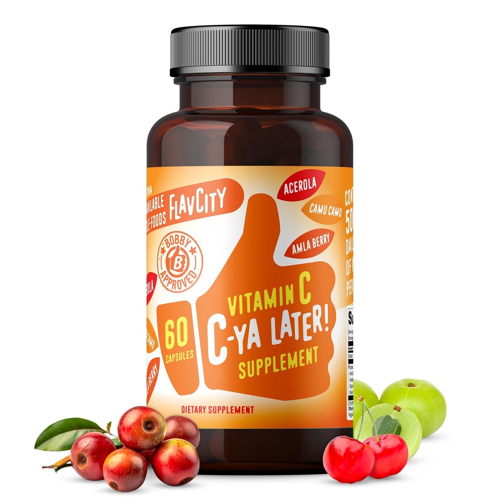 FlavCity维生素C补充,C-Ya晚点! 超食品-耐用豁免支助 -- -- Acerola Cherry、Rose Hips和Camu Camu提供的生物可用维生素C免疫支助 -- -- 每日价值500%(60卡普勒斯)