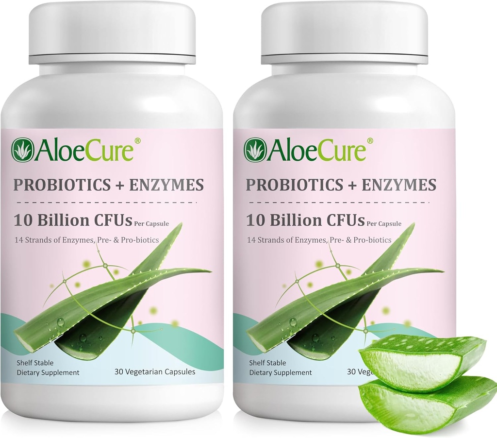 AloeCure Daily Probiotics 10亿CFU 用于消化支持 8 Strains, 6 Prebiotics & Enzymes - 与布洛梅兰为女性和男性的消化补充 - Gut支持,消化救济, 30 Caps x 2btls