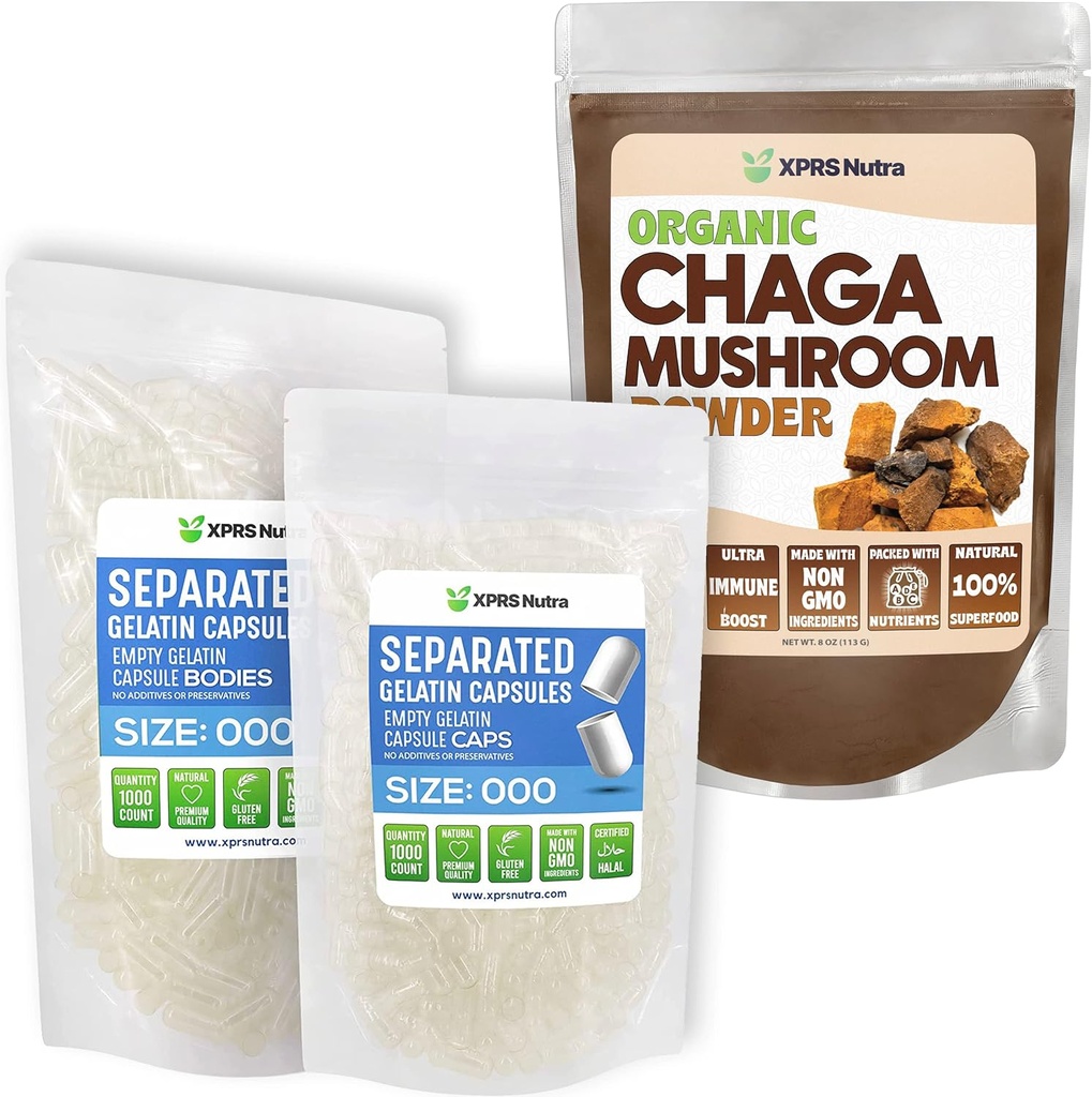 XPRS Nutra 分离大小为 000 Capsules (1000 Counter) 与 Chaga Powder (8 Ounce) Bundle 组合