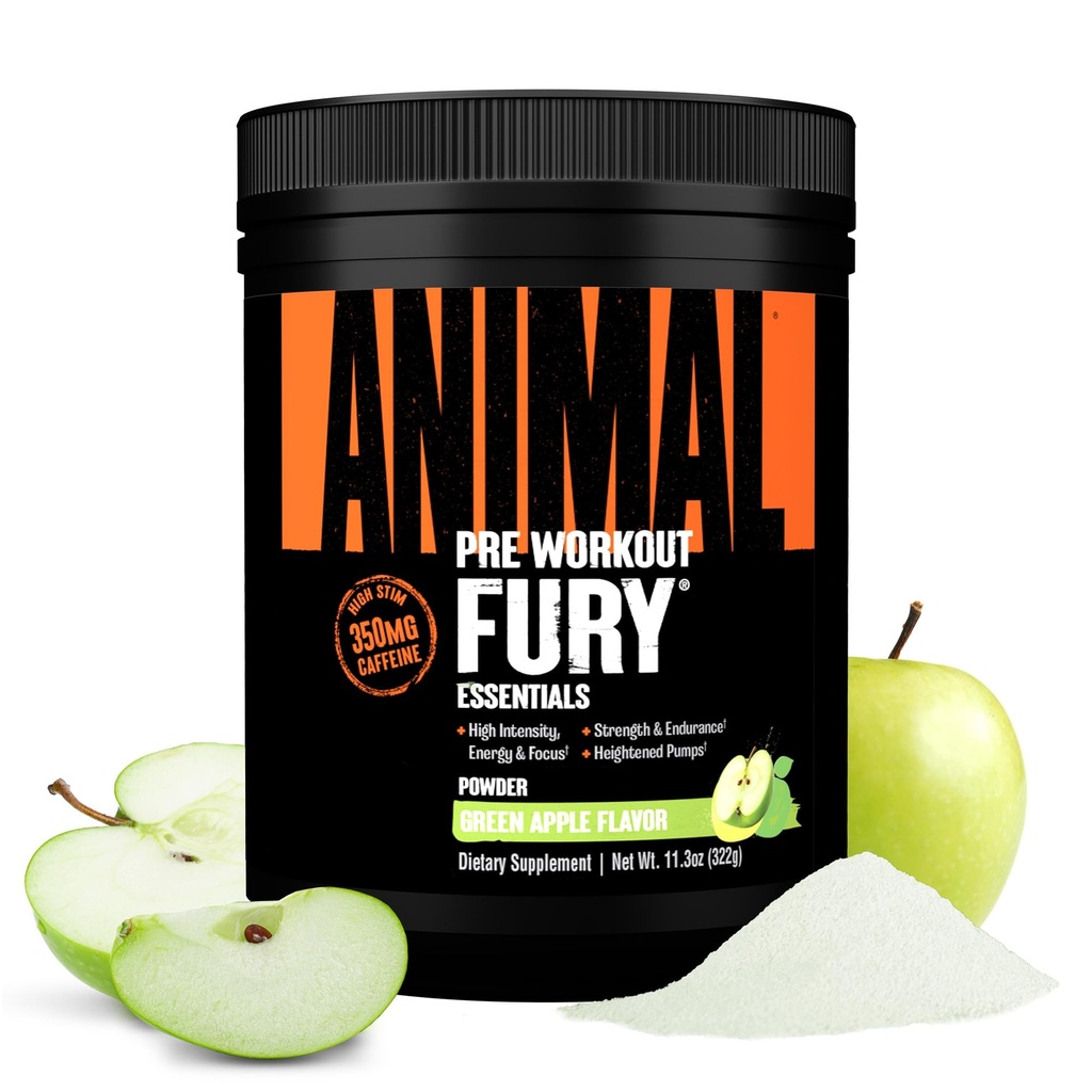 动物Fury Pre Workout Powder - 绿苹果,350mg咖啡因,BCAA氨基酸,2g Beta Alanine,Citrulline & Tyrosine,能源,焦点,力量,耐力,男女预研,20种服务