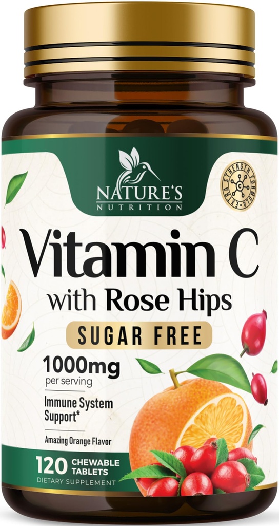 维生素C Chewable 1000mg - 超强抗氧化剂用于强力免疫支持 w/Vitamin C & Rose HIPS - 强力饮食VIT C Chews Supplement, Natural Orange Flavor, Vegan, Non-GMO - 120 片