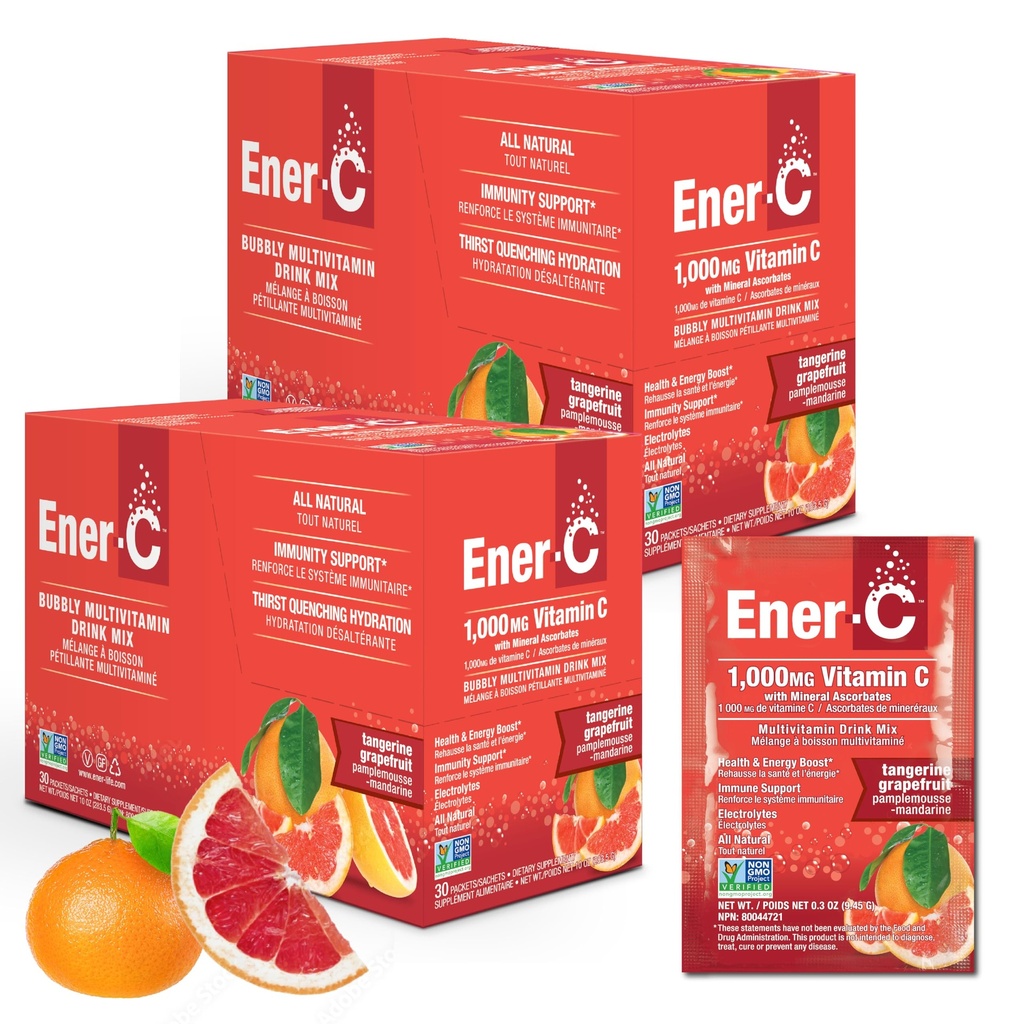 Ener-C Tangerine & Grapefect 多维他命饮料混合物,1000mg 维生素C,非GMO,Vegan,真果汁粉,自然豁免支持,电解质,Gluten Free, 2-Packs of 30(60 Counter)