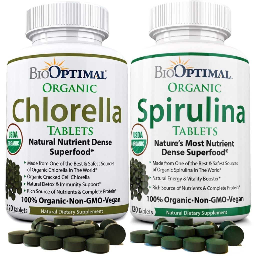 BioOptimal Chlorella Spirulina - Bundle - 有机Chorella片与有机Spirulina片,每片120个计数,Premium质量4 有机认证