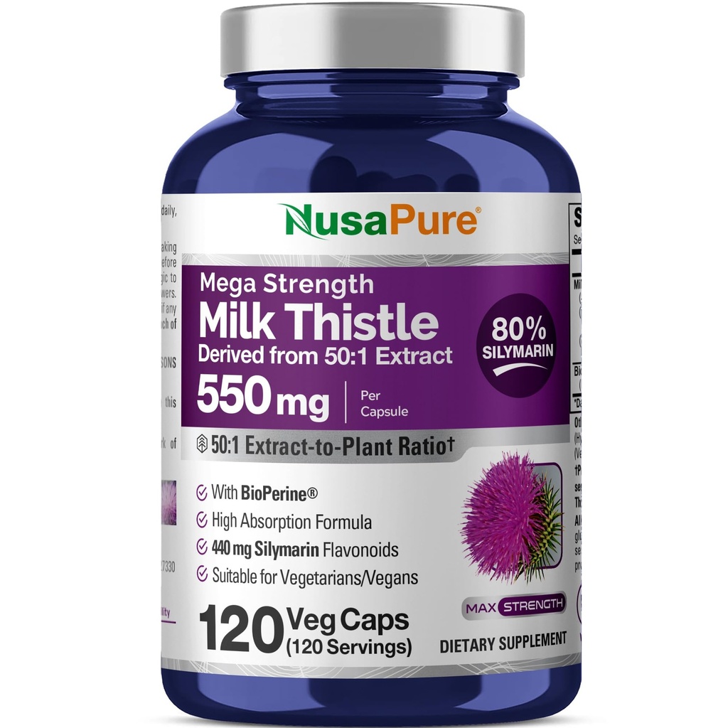 NusaPure Milk Thetle 50:1 提取物,550 毫克等效于 27,500 mg 120 Veggie Capsules Non-GMO, Vegan Max 强度 - 标准化 80% Silymarin, Bioperine