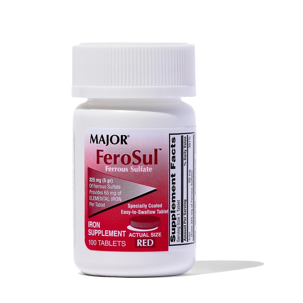 Ferosul少校 - Ferrous Sulfate 325mg 平板电脑,装有65mg 元素铁 - 女性,男性的铁辅件 - 红色 - 100 平板电脑 - 包式1