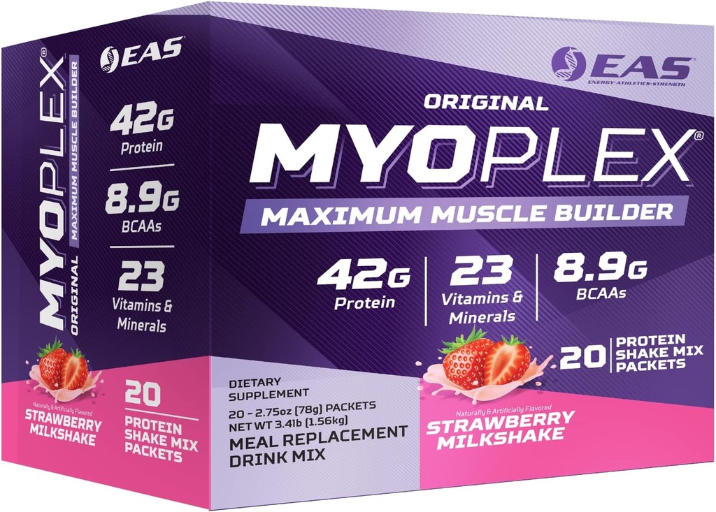 EAS 原型 Myoplex 最大肌肉构建器 | Meal Control Protein drink Mix | 质量蛋白混合物 | 42g 蛋白 | 20个个人包装(草莓奶昔)