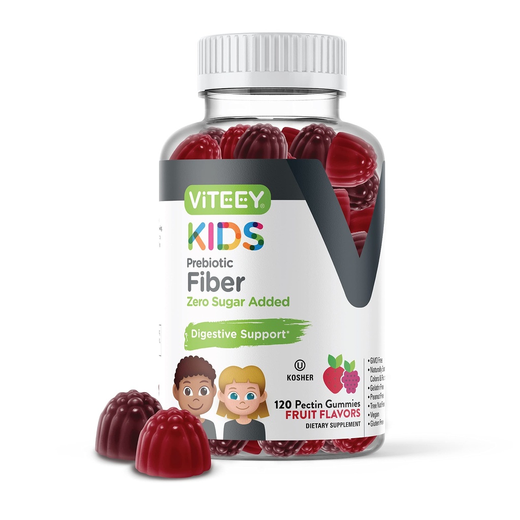 Viteey Prebiotic Kids Fiber for Consultation Relief, 消化健康规律支持,自然体重支持 - Fiber 4g,零糖添加, Vegan, Gluten Free - Tasty Chewable Fruit Flawared Gummy (英语).