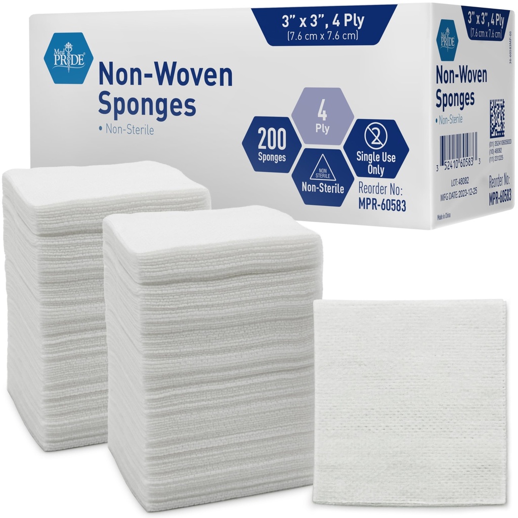 MED PRIDE 3x3 在高泽帕德 200 Pack,无结扎,4 Ply,无纹饰的 Mesh Bandages, Absorbent 伤者护理 穿着海绵