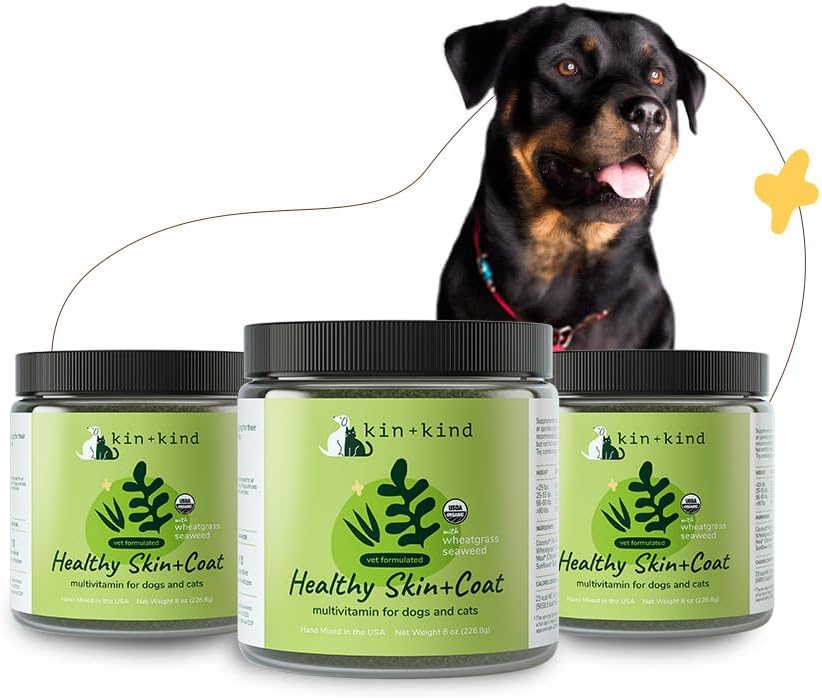 野狗和猫类的有机多维特敏 - 健康皮肤和大衣的宠物补充剂 - 小麦草、凯尔普、海藻和椰子的安全自然配方 - 在美国制造 - Bundle(3 x 8 oz)