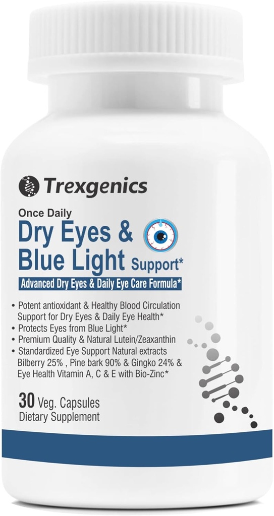 Trexgenics Dry Eyes & Blue Light 支持一次每日蔬菜配方,配有Lutein 10mg, Zeaxanthin 2mg, Bilberry, Ginkgo, Pine Bark, 维生素C, 锌和维生素A(30 Veg Capsules)