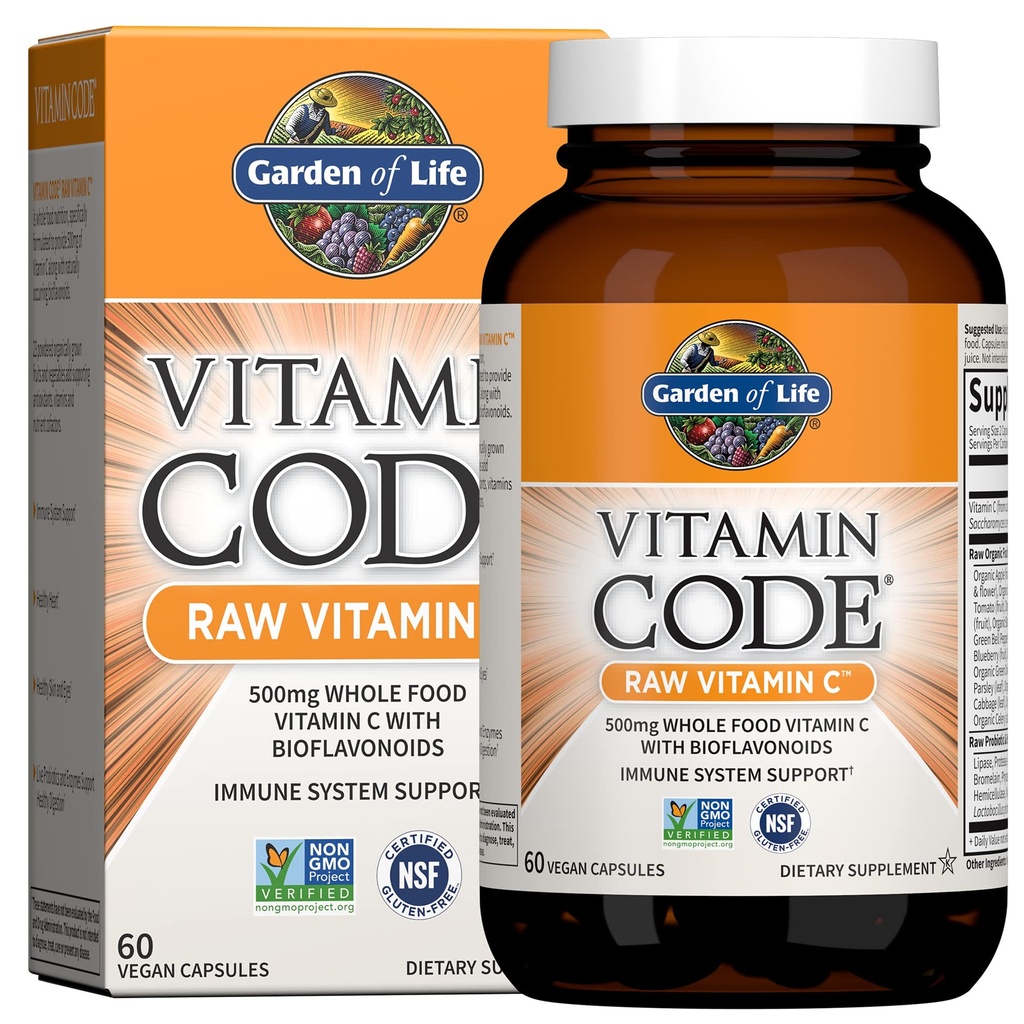 生命维他命花园代码 Raw Vitamin C - 60 Capsules, 500mg 全食维他命 C Ccapsules + Fruit & Veggie Blend & Probiotics, 成人,维根,格卢滕免费的补编