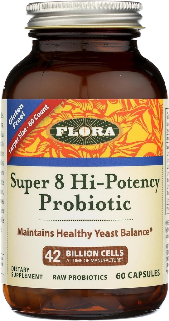Flora - Super 8 HiPotency Probiotics 60 Counter - 健康东方平衡和消化健康 - 男女 - 42亿 CFU, Raw, Gluten Free - 最多2个月的供应量