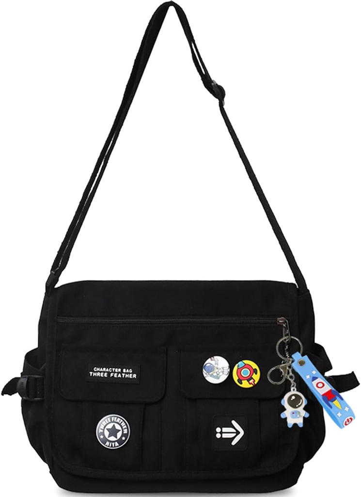 装有可爱副店的时装十字背包 Nylon Casual Misser Bag 装有Pendant轻量级手提包旅行日包装(黑色)