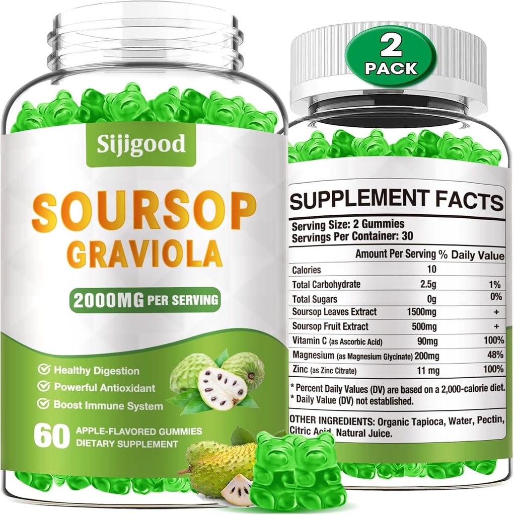 2 Pack Soursop Graviola Gummys - 有机苏尔索普叶和水果提取 - 消化辅助,免疫支持和抗氧化剂属性 - 120 Apple Flavored Gummys