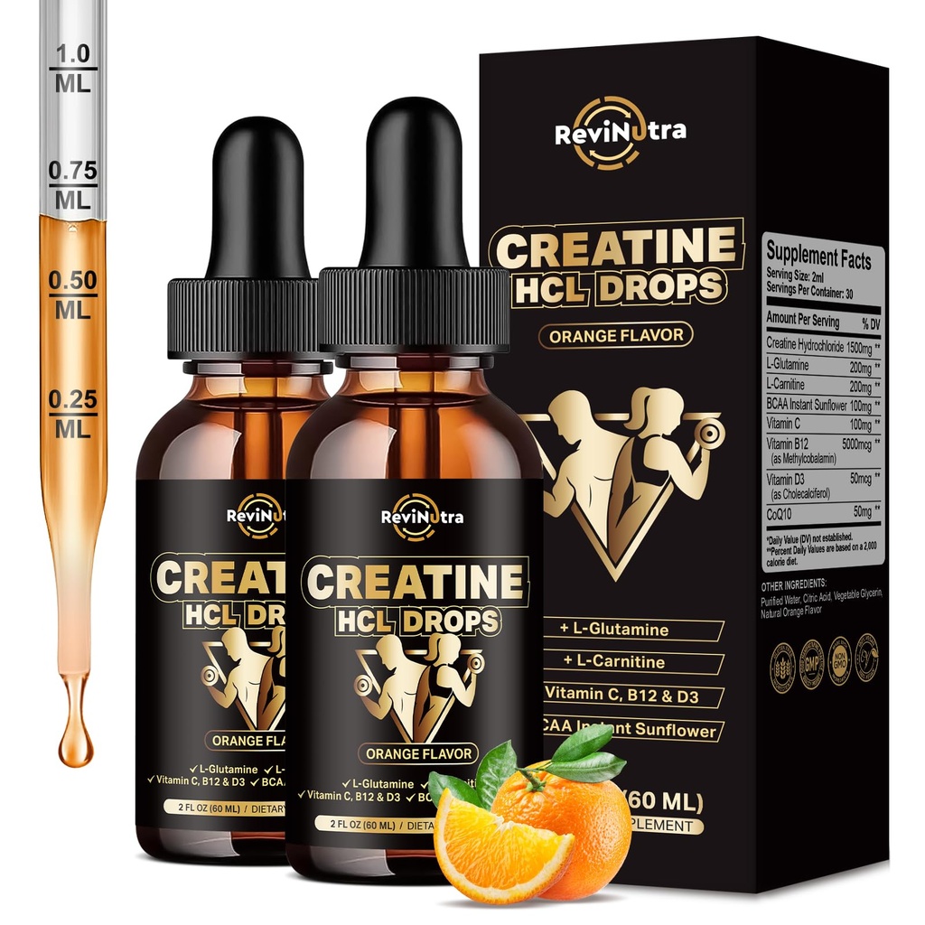 2 Pack Creatine HCL 男女液体滴,1500mg 液体 Creatine 氯化氢,高吸收,2 Fl Oz,无糖橙花