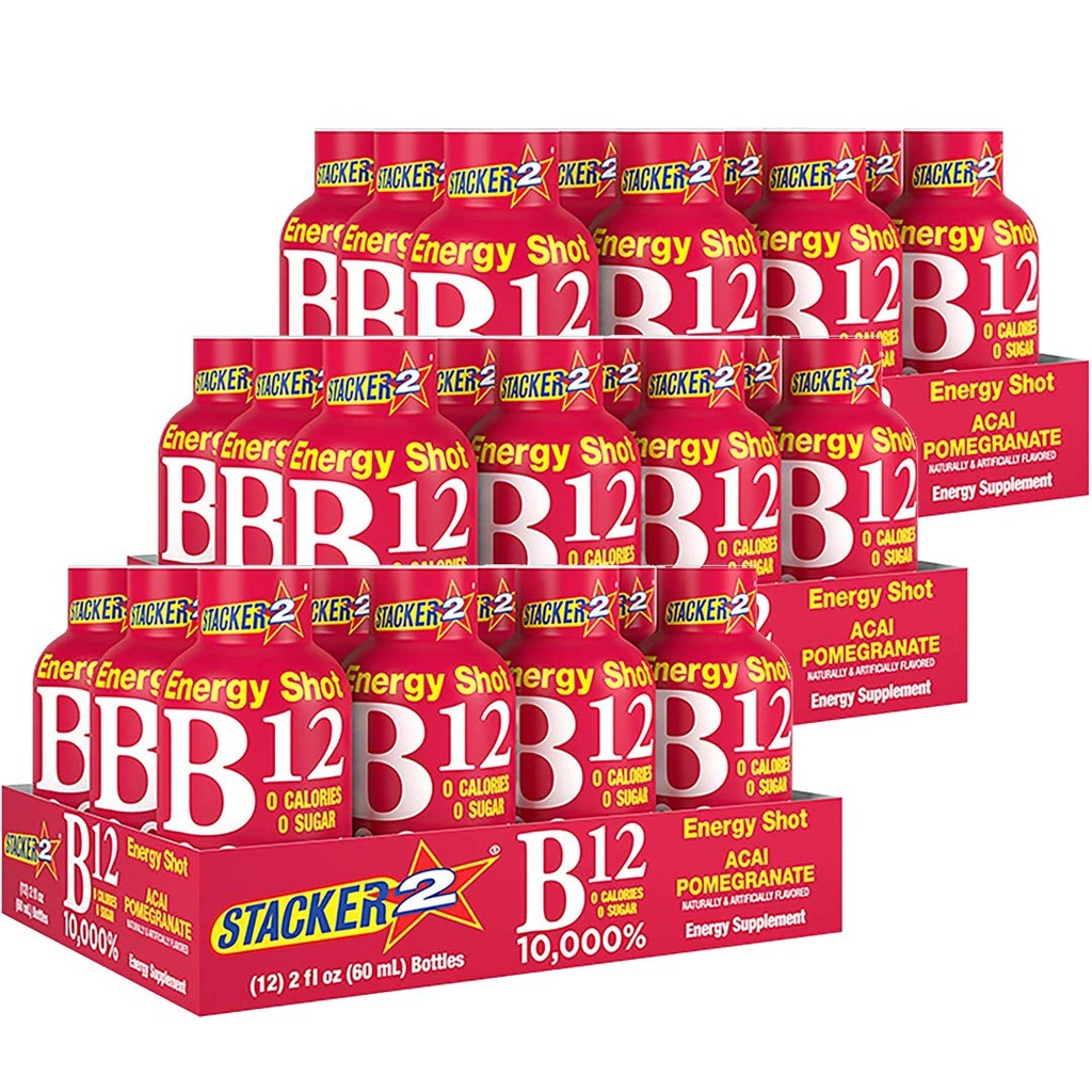 储存器 2 维生素 B 复合体 B12 B6 B3 液体能量射击 - Acai & Pomegranate - Cyanocobalamin, 10,000% DRV - B-6 Pyridoxine 40mg - B3 Niacinamide (Niacin) 20mg - BASED BOX Bundle (2oz,包装为36)