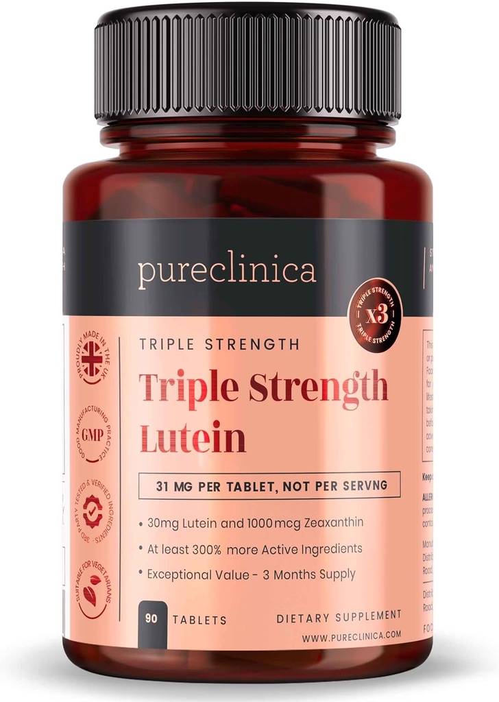 pureclinica Lutein 30 mg 配有 Zeaxanthin 1000 mcg – 三重强度补编,90平板(3-月供应)