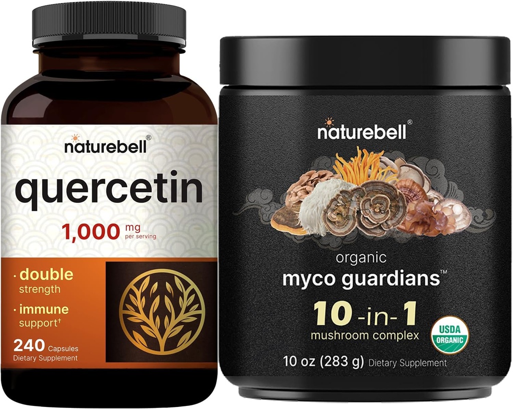 Nature Bell Quercetin 1000mg Pervice & 10 in 1 Mushrom Powder, 10oz Bundle Pack QQ 超强Quercetin 补充 QQ Imune 助推器和脑健康支持