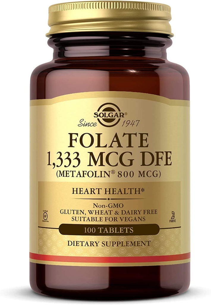 Solgar Folate 1 333 mcg DFE, 100块平板电脑 - 800 mcg Bio-Active Metafolin - 心脏健康 - 非GMO, Vegan, Gluten Free, 奶制品自由, Kosher - 100 services