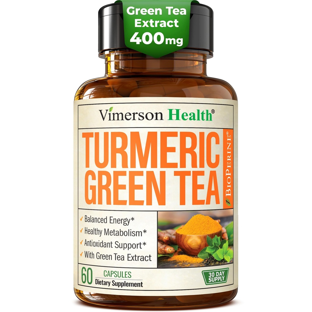 Turmeric Crucumin 配有绿色茶叶提取剂(ECGC)和维生素C,用于联合健康,能量和炎症平衡-有机Tummeric Crucumin 配黑辣椒-无糖,非GMO-60 Capsules