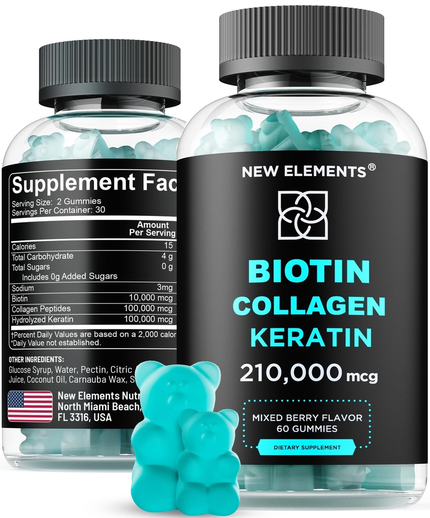 使用Keratin & Collagen Peptides的Biotin Gummys – 男女毛皮和直肠维生素的发型生长治疗高级补充 – Biotin 10000mcg → Keratin 100000mcg → Collagen 100000mcg