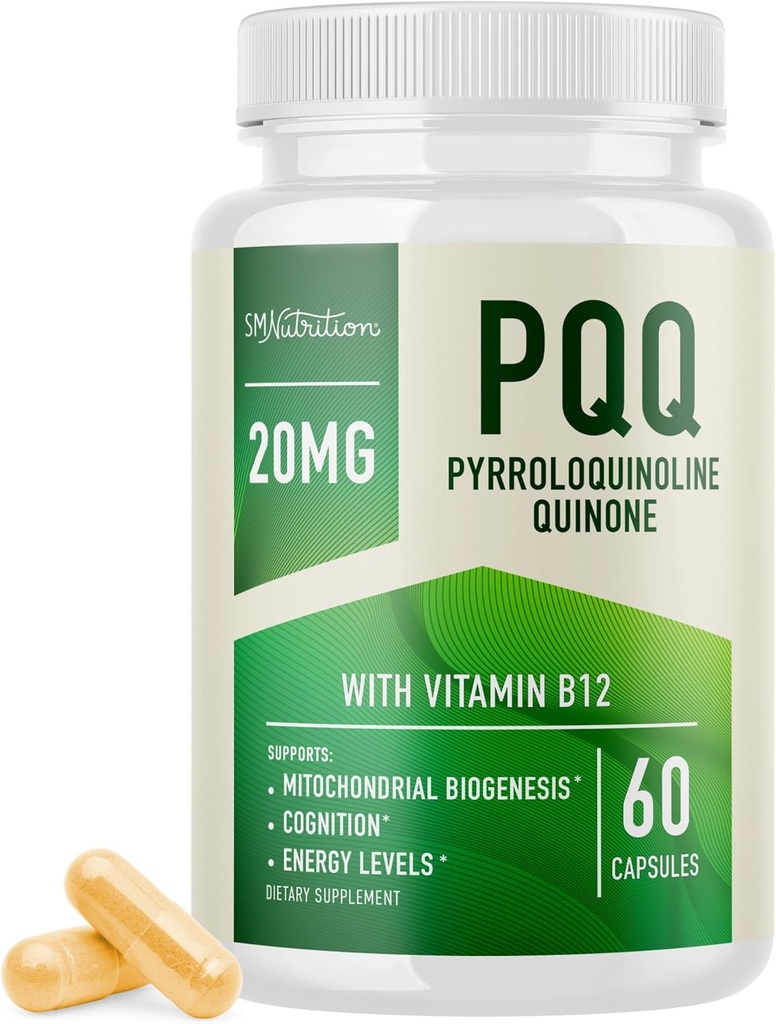 PQQ 补充 20mg + Mitochondrial Biogens and Energy Observator with CoQ10 & Vitamin B12 + 支持脑健康与 Mitochondria 生产 + 超 PQQ公式 + 维冈, Gluten-free → 60 Capsules