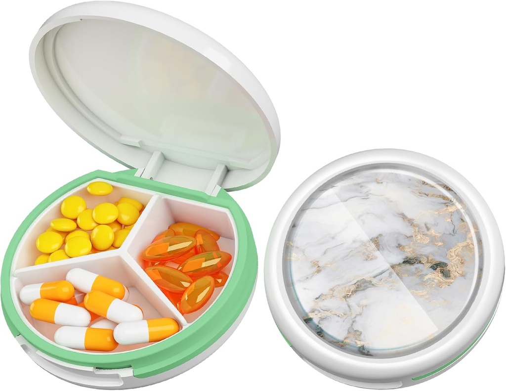 Serfeymi小药盒 - 3 Portable Pill Box for Purse Pocket, Contract Mini Travel Pill Case - 适合医药,维生素,鱼油,补充品 - White (Marble)