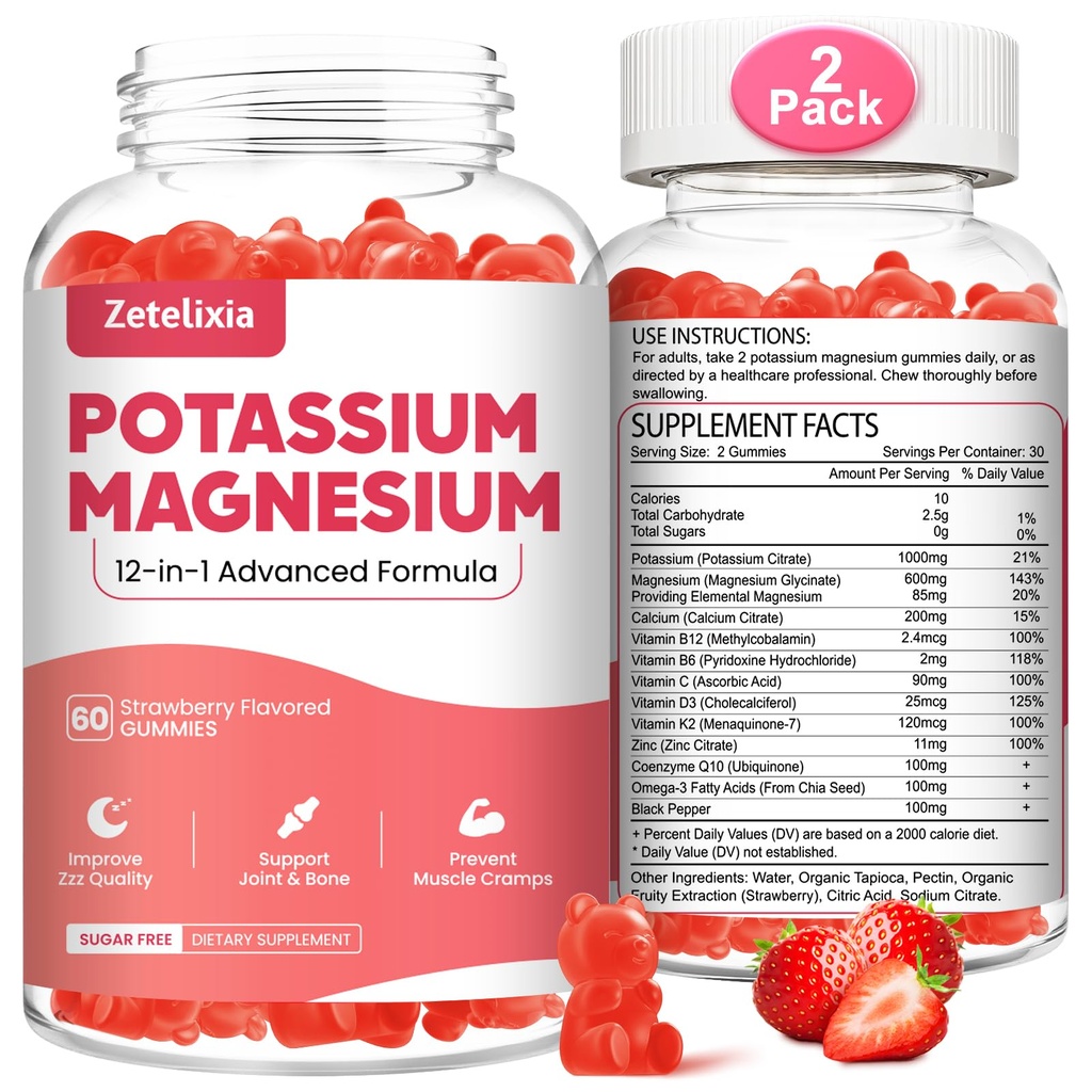 2 Pack Potassium Magnesium Supplement Gummies for Adults Kids, Magnesium Glycinate & Potassium Citrate, Plus Multivitamin, Omega-3 & Black Pepper, Leg Cramps, Muscle & Heart Health, 120 Count