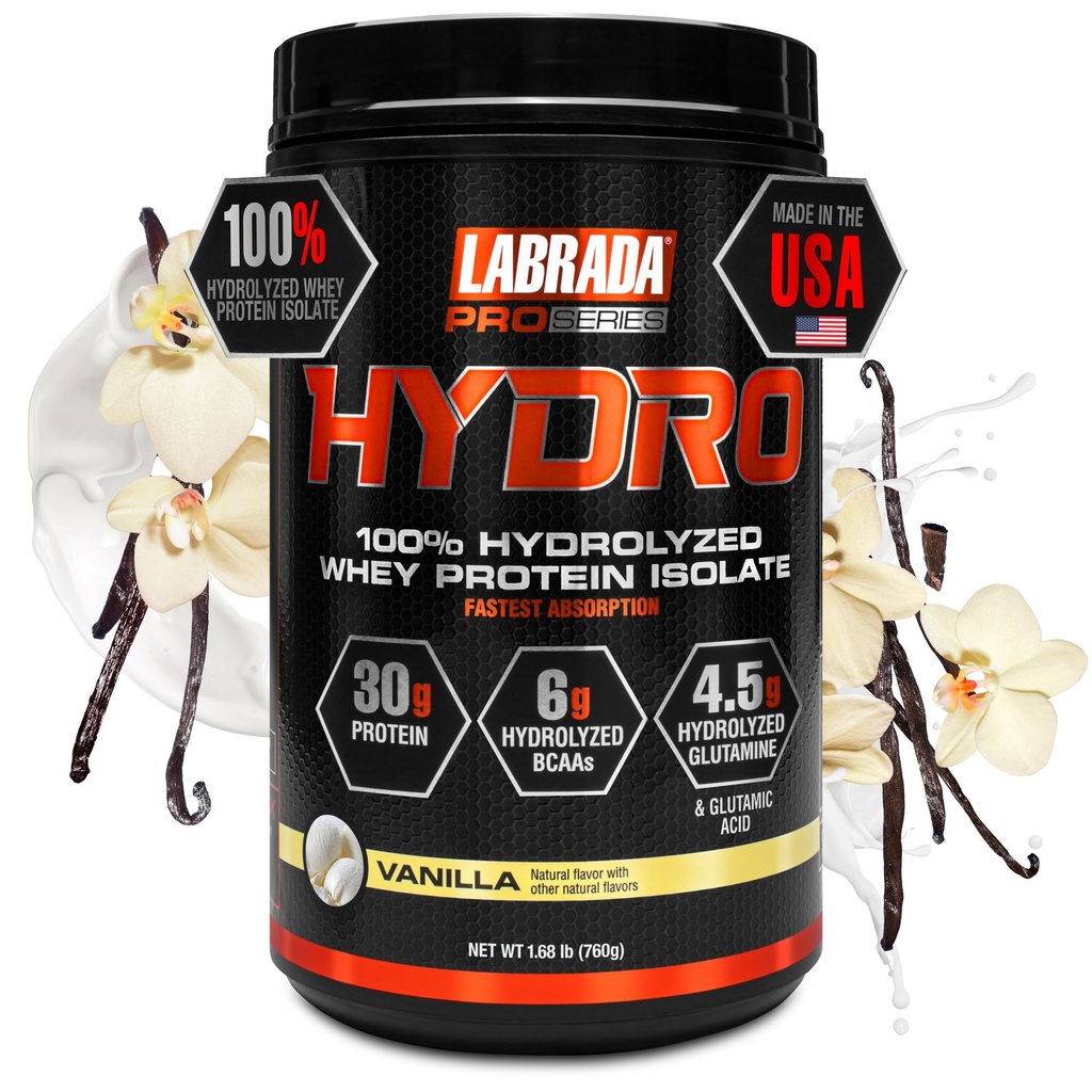 LABRADA 水力100%纯水解 Whei蛋白隔离粉,无乳糖,6g BCA 's,4.5g Glutamine, 快速文摘 Whey 可用,即时混合,美味 20 种服务(万尼拉)